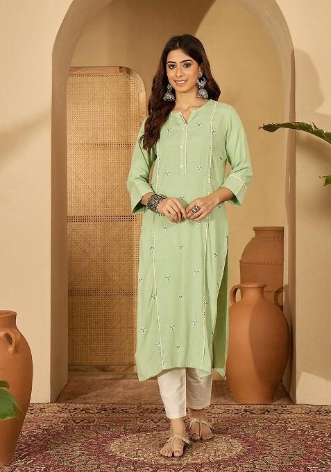 Pista Green Embroidery viscose Tunic