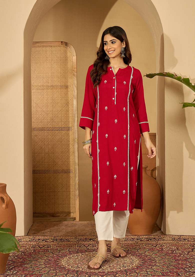 Red Embroidered Viscose Straight Kurta Set - Indya