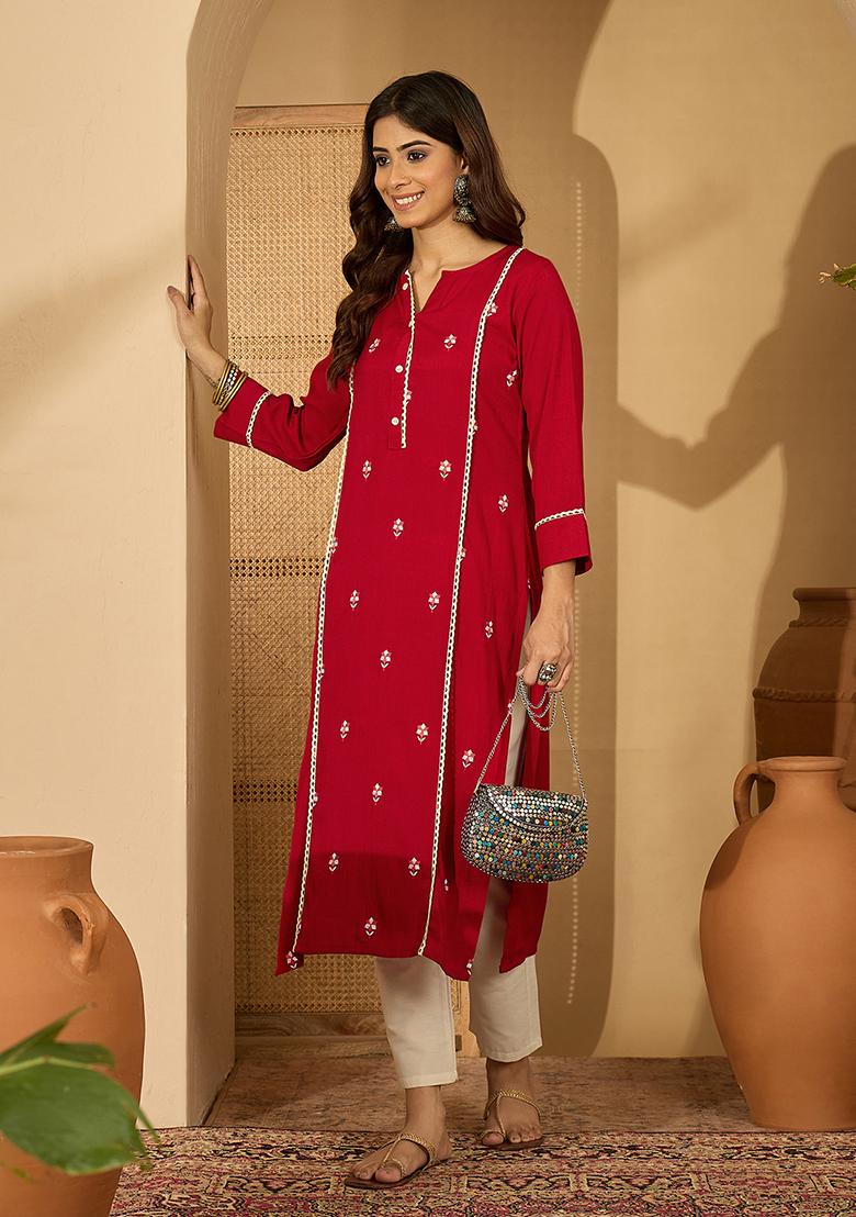 Red Embroidery viscose Tunic - Indya