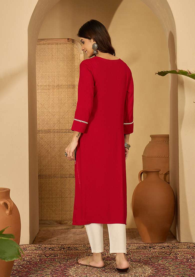 Red Embroidered Viscose Straight Kurta Set - Indya