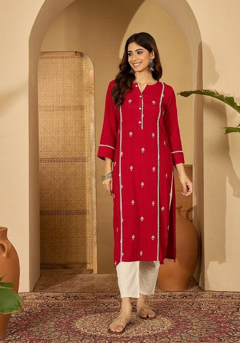 Red Embroidery viscose Tunic