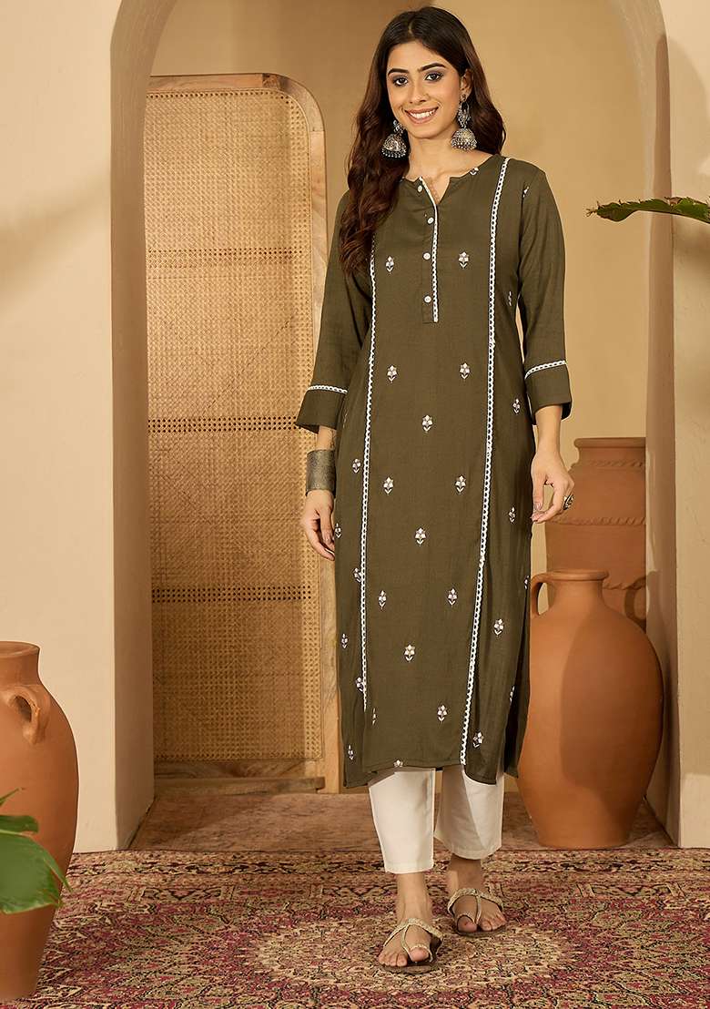 Olive Green Embroidered Viscose Kurta - Indya