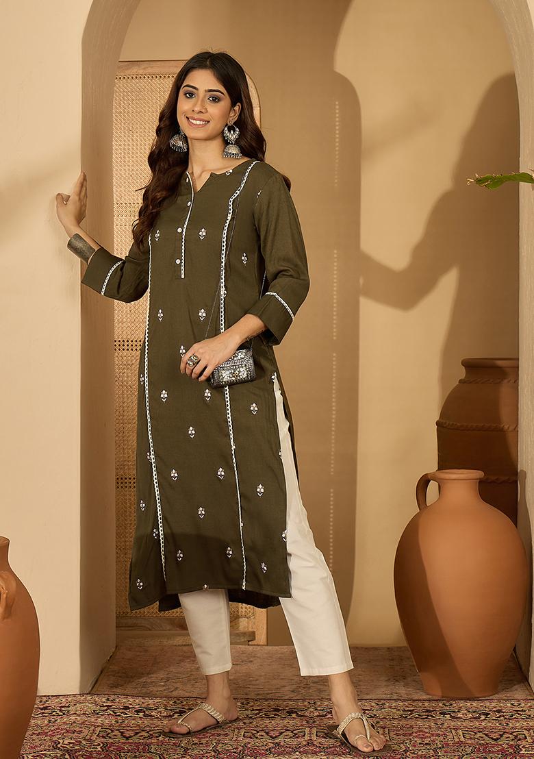 Olive Green Embroidery viscose Tunic - Indya