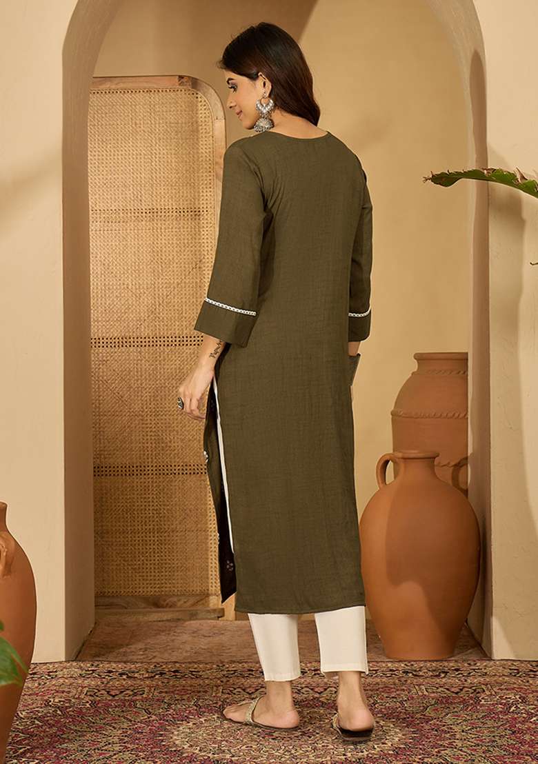 Olive Green Embroidered Viscose Kurta - Indya