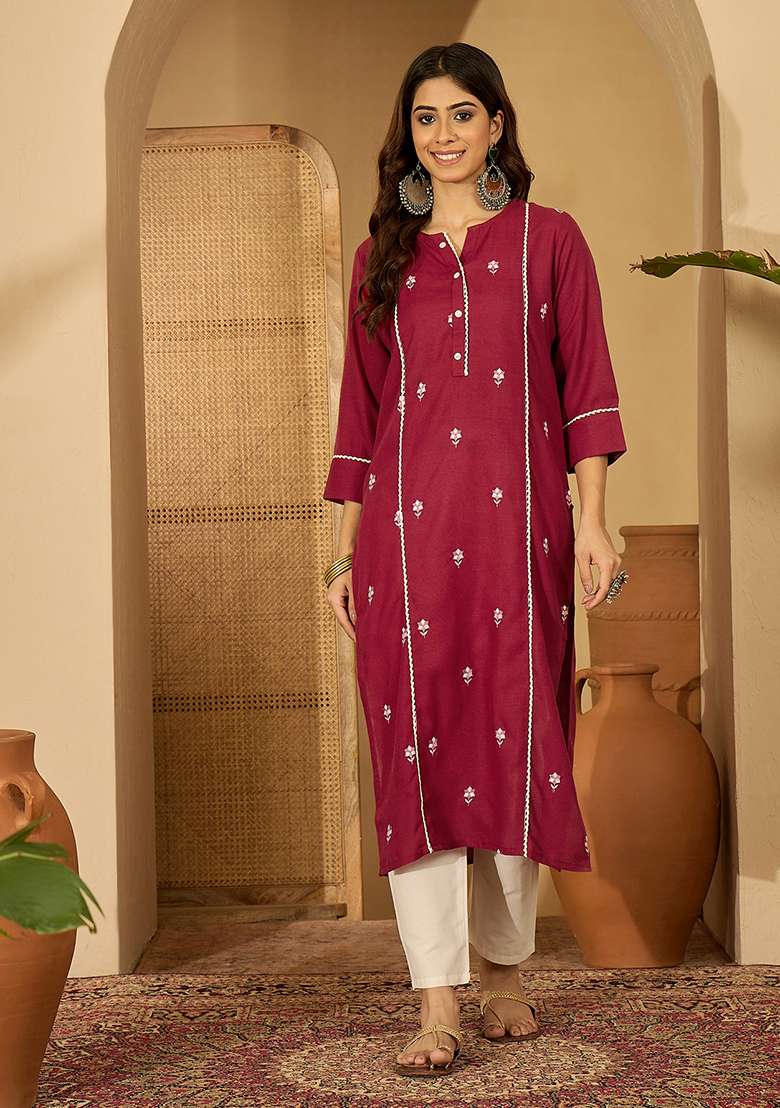 Maroon Embroidered Viscose Kurta - Indya