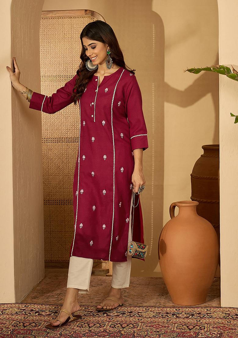 Maroon Embroidery viscose Tunic - Indya