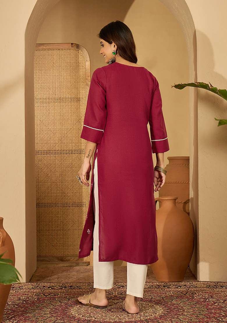 Maroon Embroidered Viscose Kurta - Indya