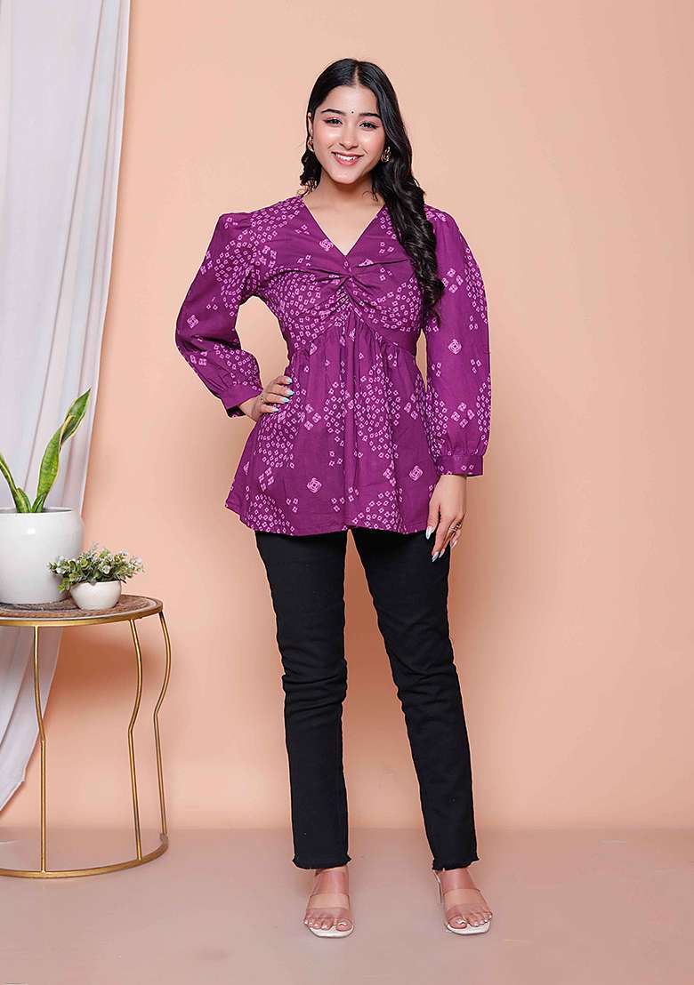 Purple Bandhani Cotton Top - Indya
