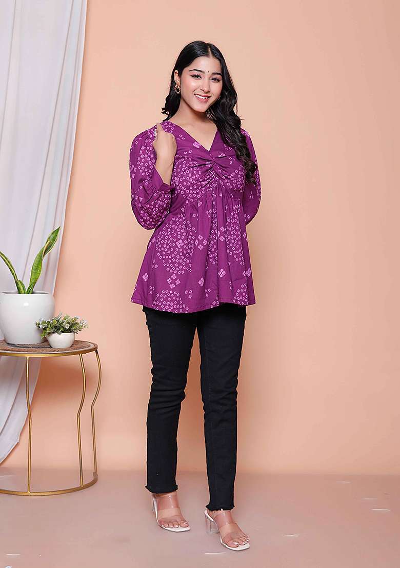 Purple Bandhani Cotton Top - Indya