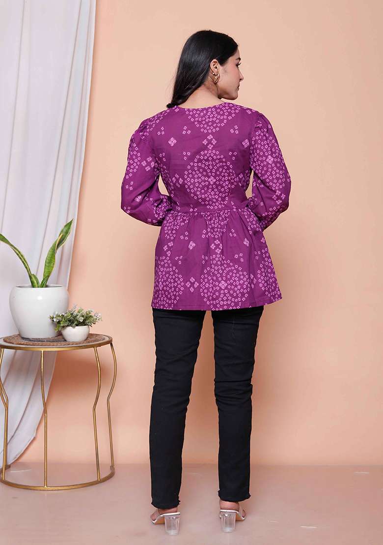 Purple Bandhani Cotton Top - Indya