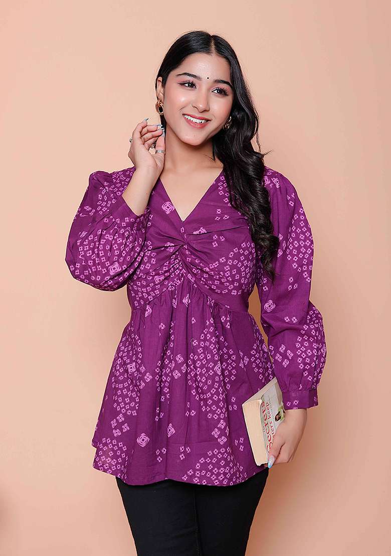 Purple Bandhani Cotton Top - Indya