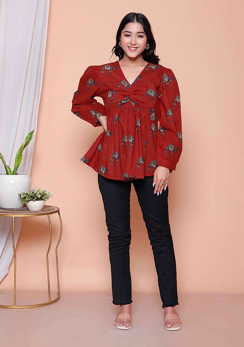 Brown Animal Print Cotton Top - Indya