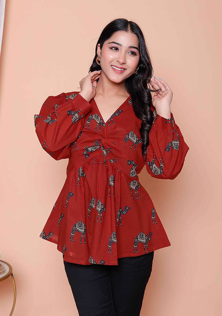 Brown Animal Print Cotton Top - Indya