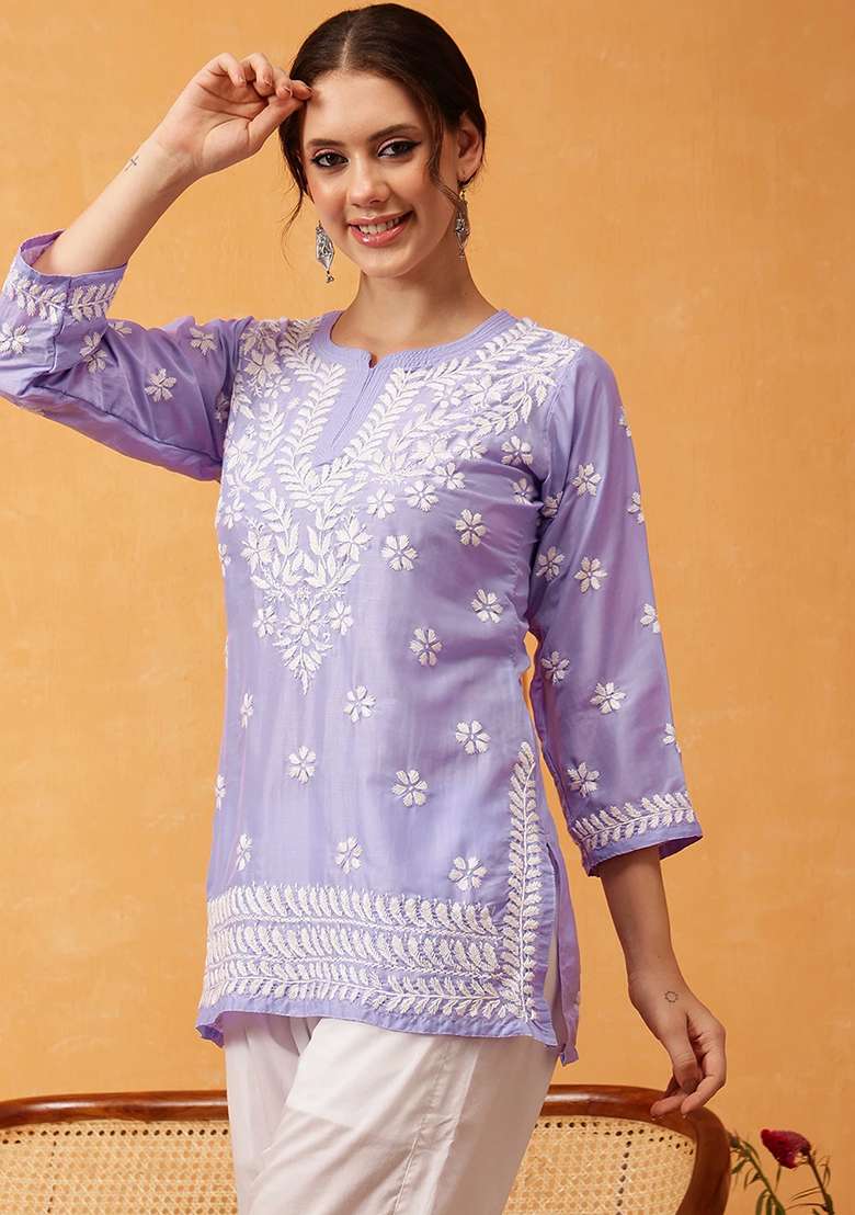 Purple Embroidery Rayon Top - Indya