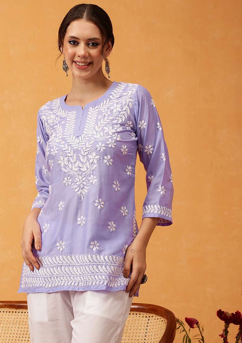 Purple Embroidery Rayon Top - Indya