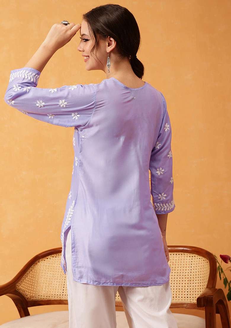 Purple Embroidery Rayon Top - Indya
