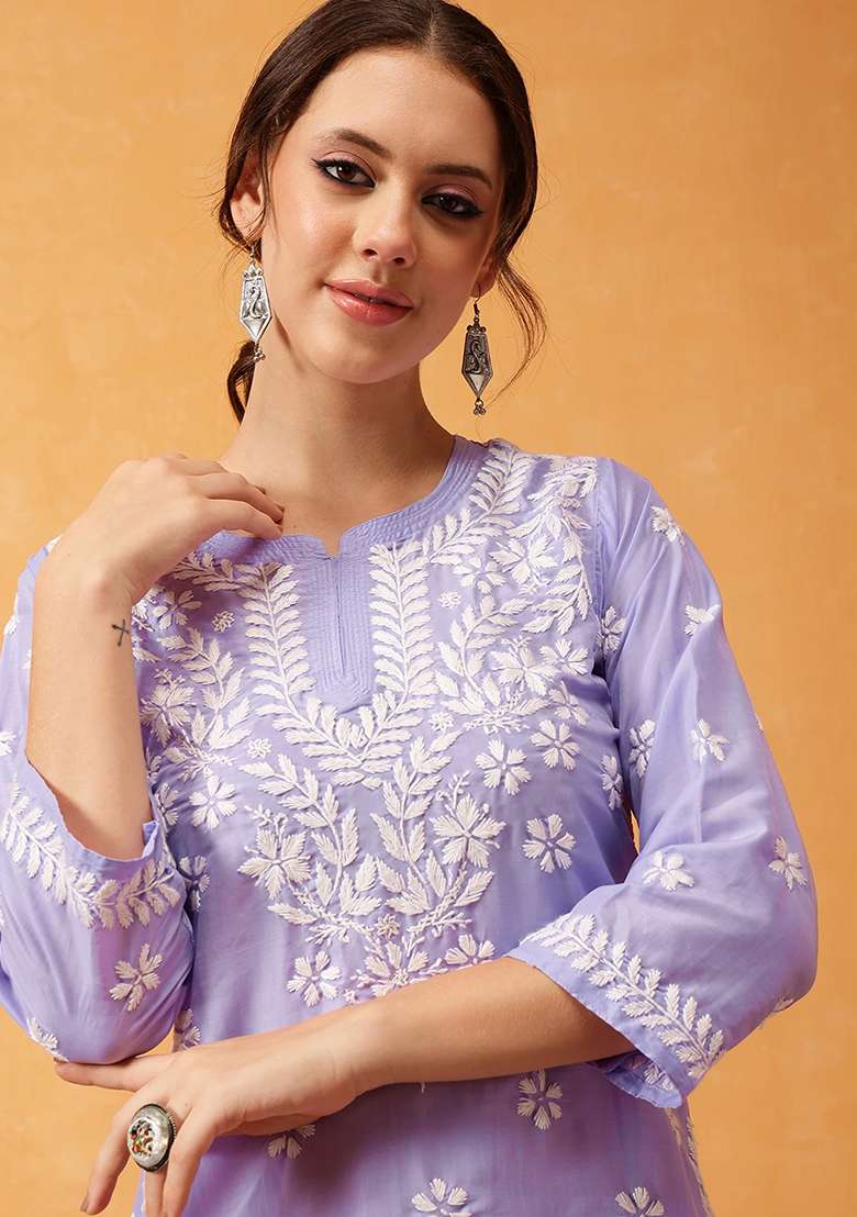 Purple Embroidery Rayon Top - Indya