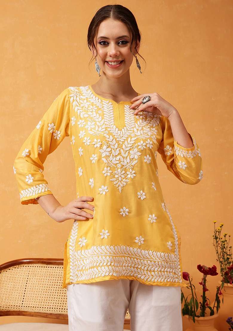 Yellow Embroidery Rayon Top - Indya