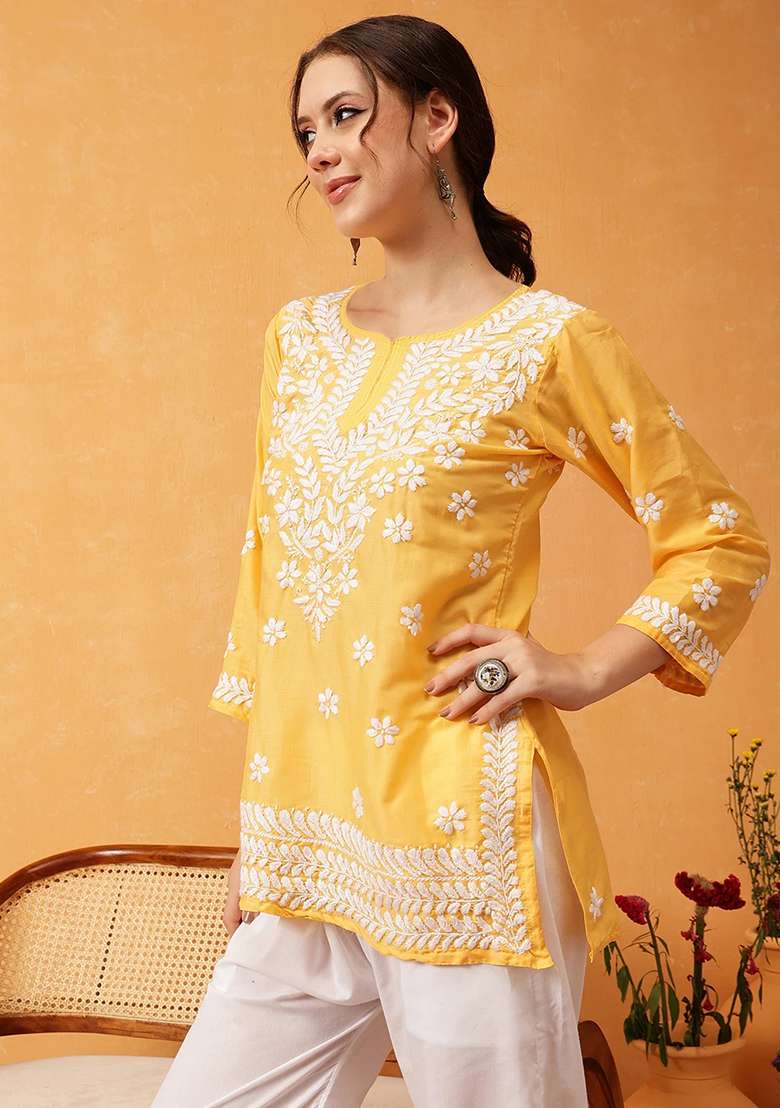 Yellow Embroidery Rayon Top - Indya