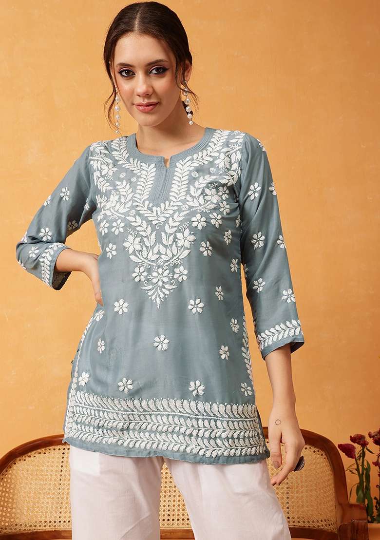 Grey Embroidery Rayon Top - Indya