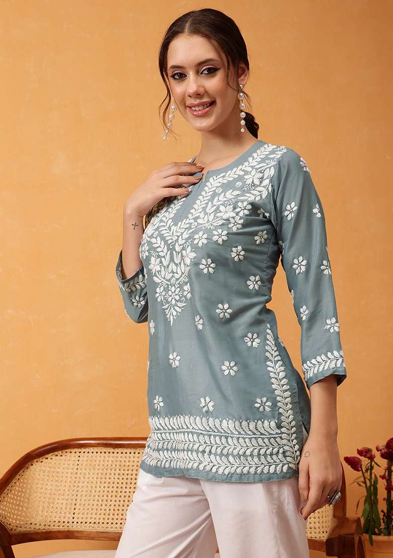 Grey Embroidery Rayon Top - Indya