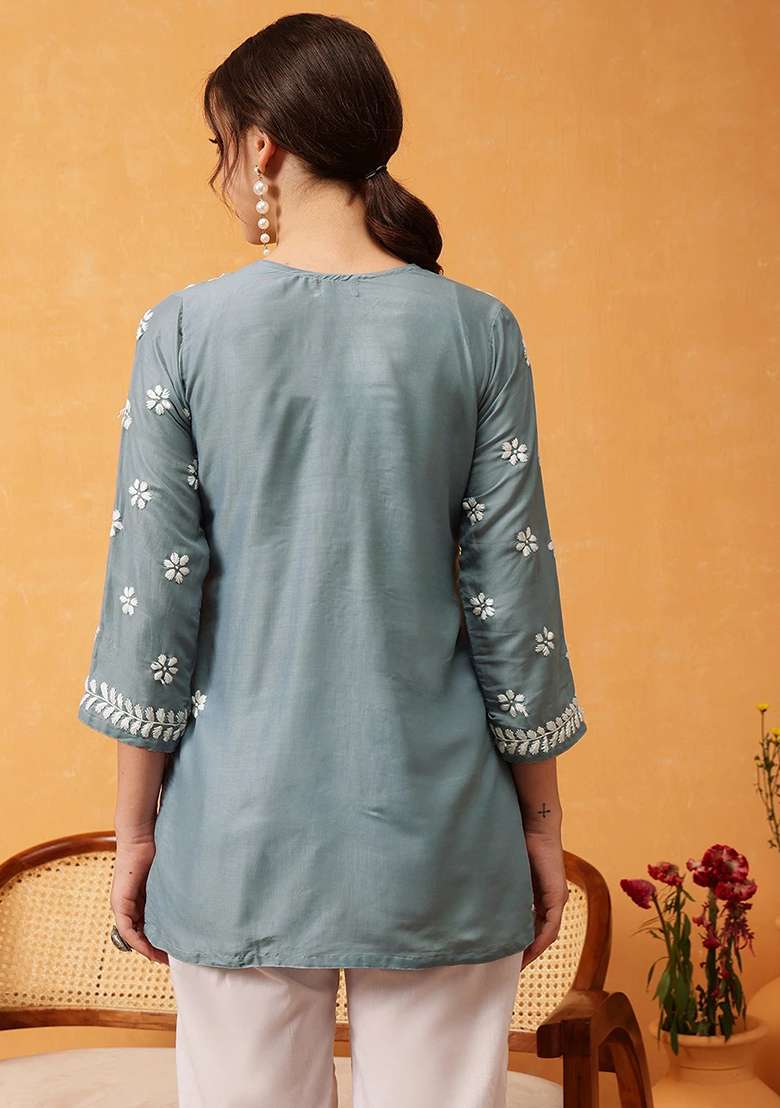 Grey Embroidery Rayon Top - Indya