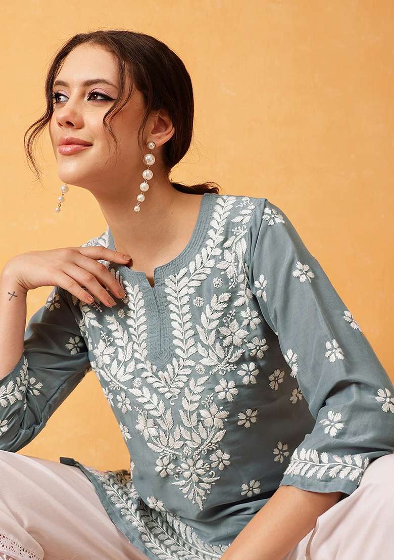 Grey Embroidery Rayon Top - Indya