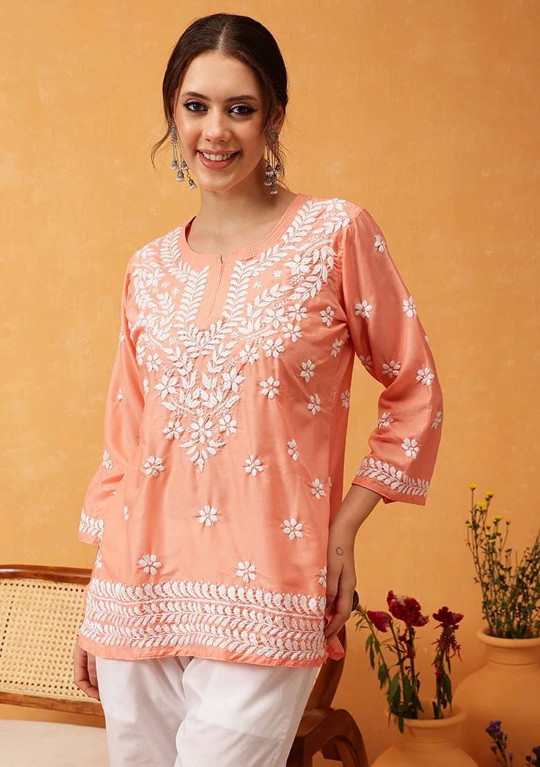 Peach Embroidery Rayon Top - Indya