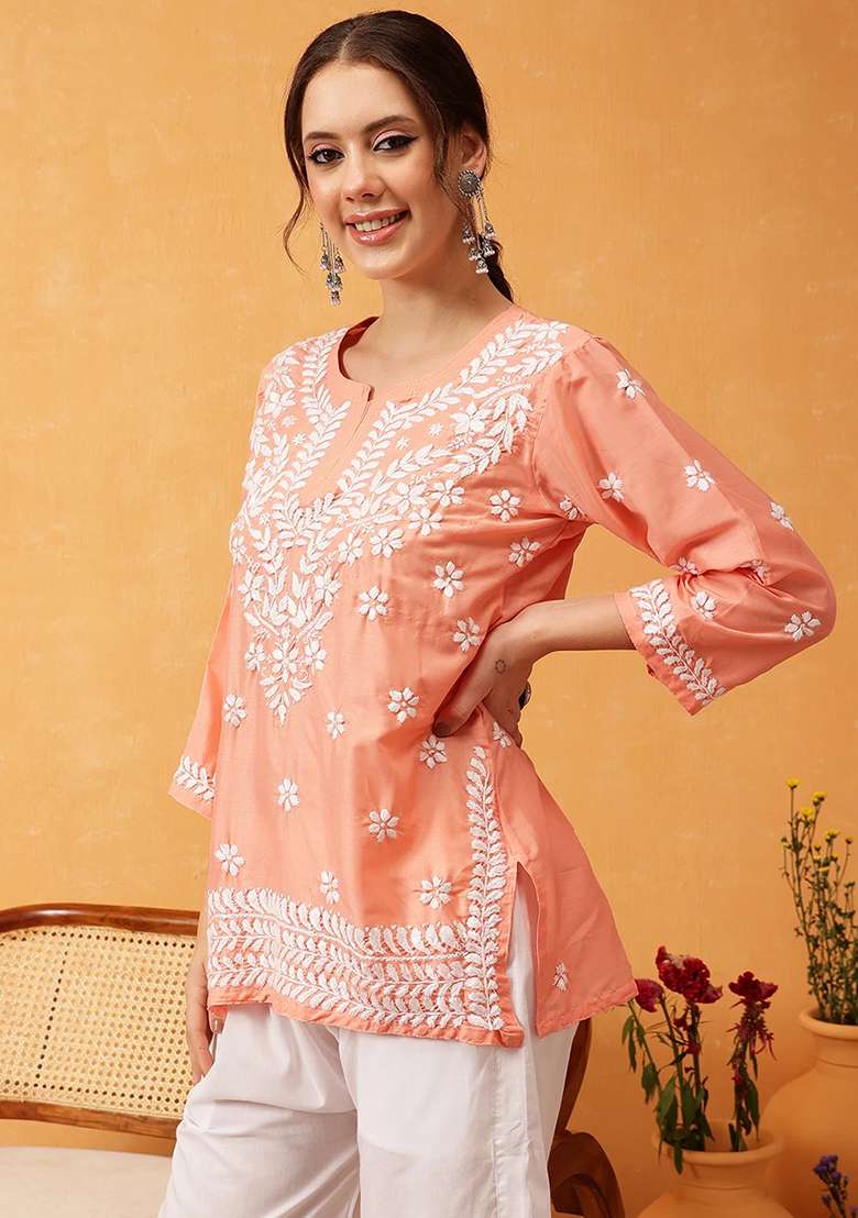 Peach Embroidery Rayon Top - Indya