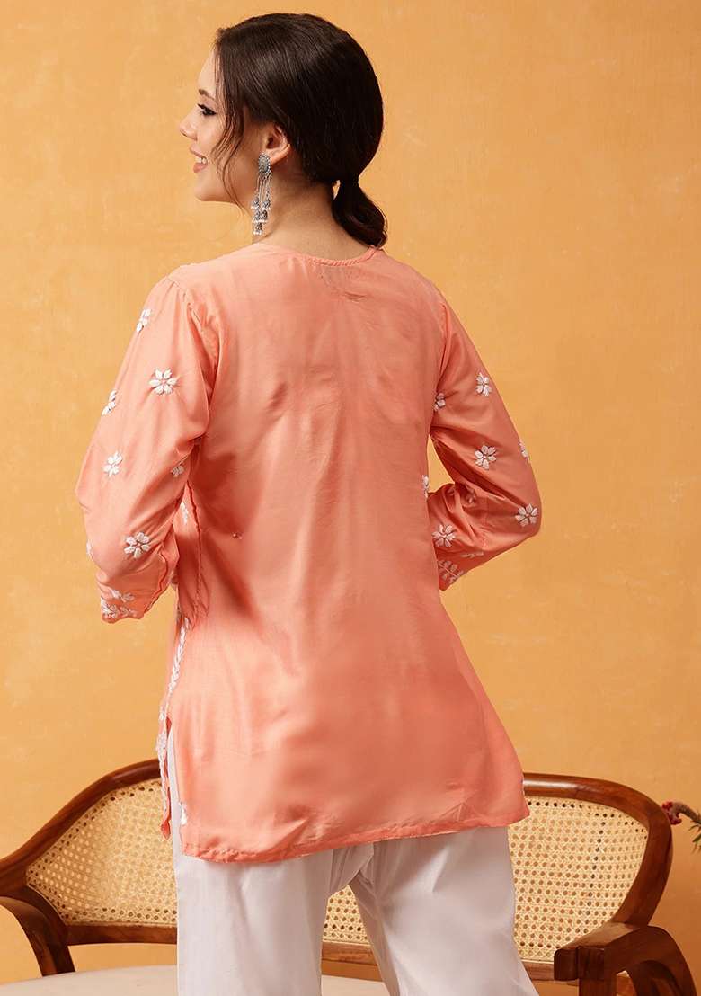 Peach Embroidery Rayon Top - Indya
