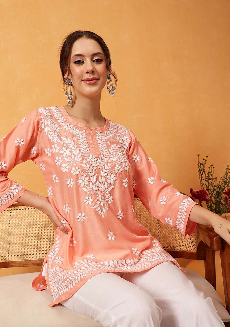 Peach Embroidery Rayon Top - Indya