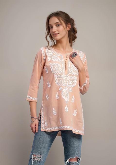 Peach Embroidery Rayon Top