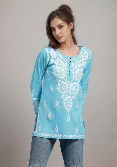 Sky Blue Embroidery Rayon Top