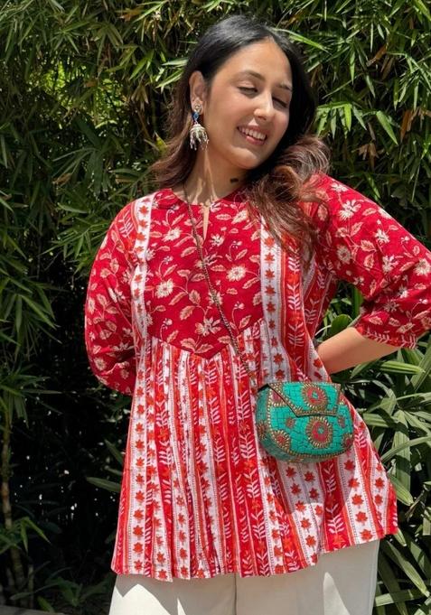 Red Printed Rayon Top