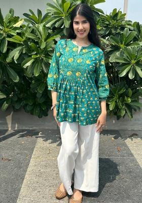 Turquoise Blue Printed Rayon Top