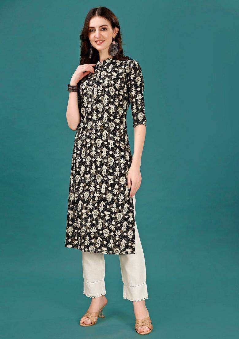 Multicolor Floral Print Rayon Kurta - Indya