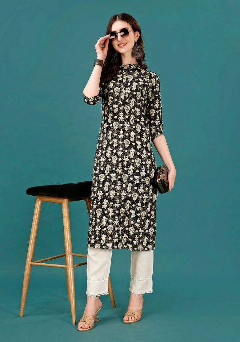 Multicolor Floral Print Rayon Kurta - Indya