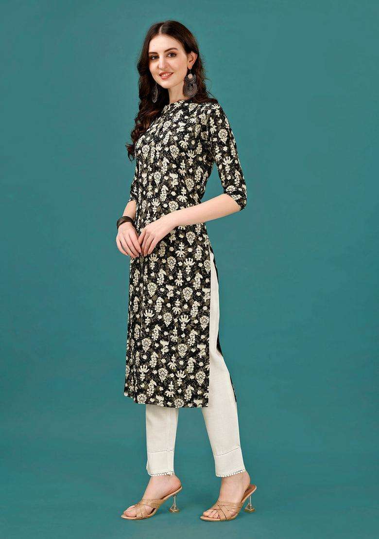 Multicolor Floral Print Rayon Kurta - Indya