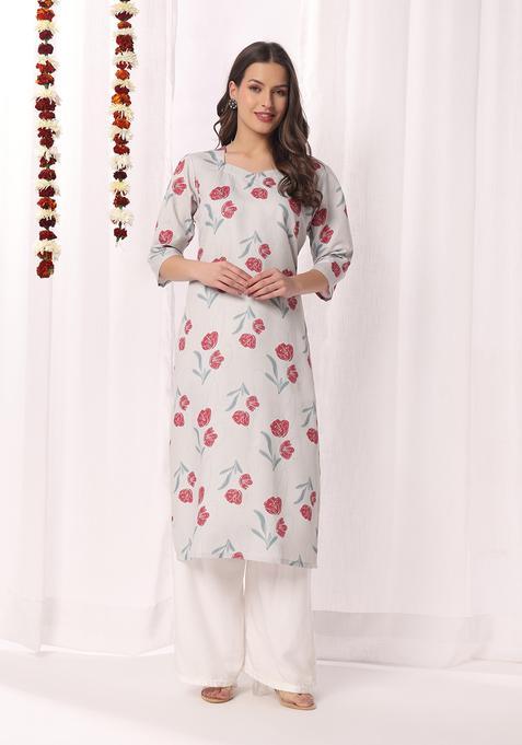 Light Grey Printed Cotton Kurta