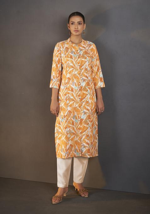 Mustard Printed Cotton Kurta