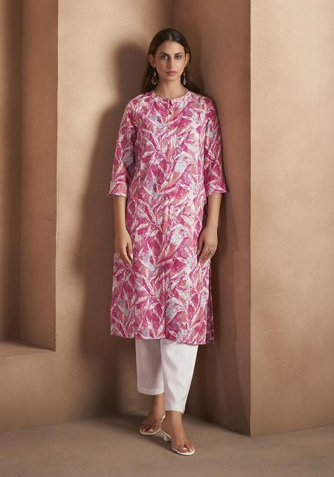 Pink Printred Cotton Kurta