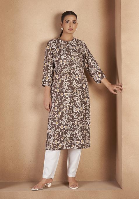 Brown Printed Cotton Kurta