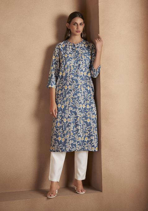 Turquoise Printed Cotton Kurta