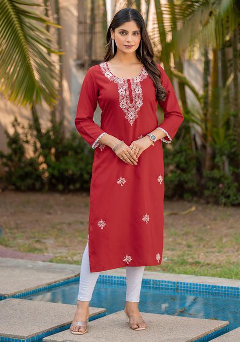 Red Embroidery Cotton Kurta