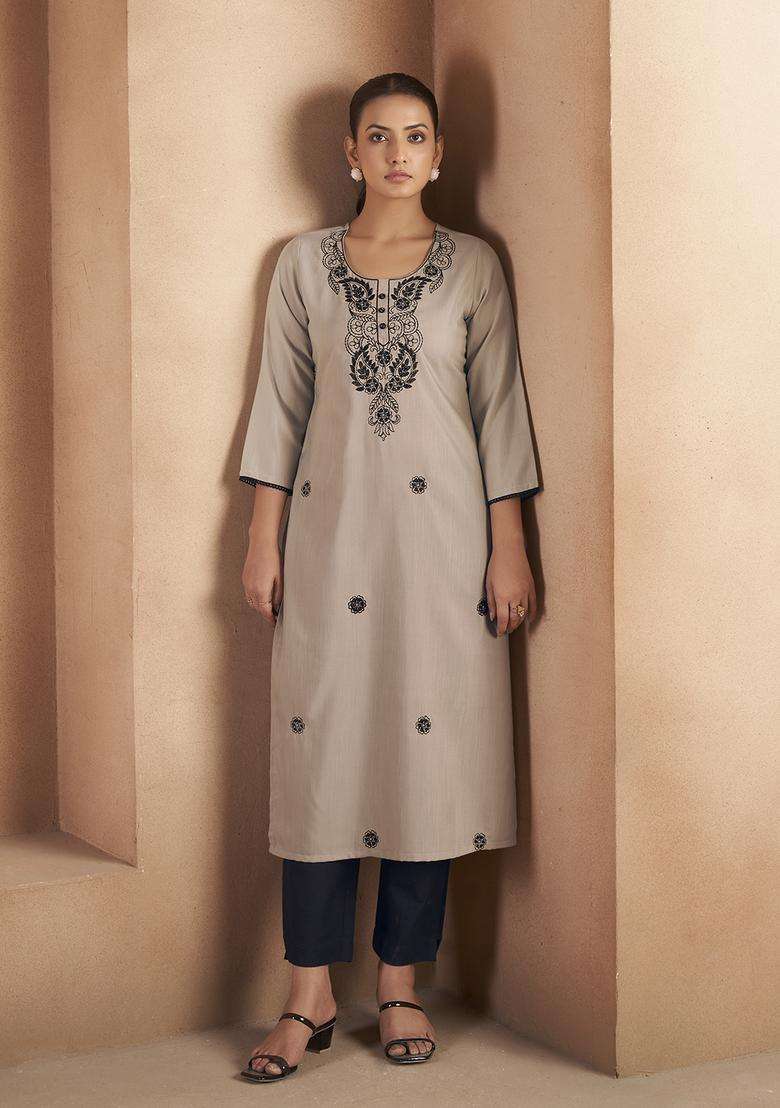 Light Brown Embroidery Cotton Kurta - Indya