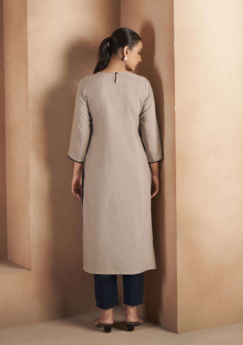 Light Brown Embroidery Cotton Kurta - Indya