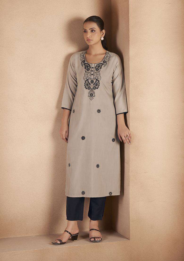 Light Brown Embroidery Cotton Kurta - Indya