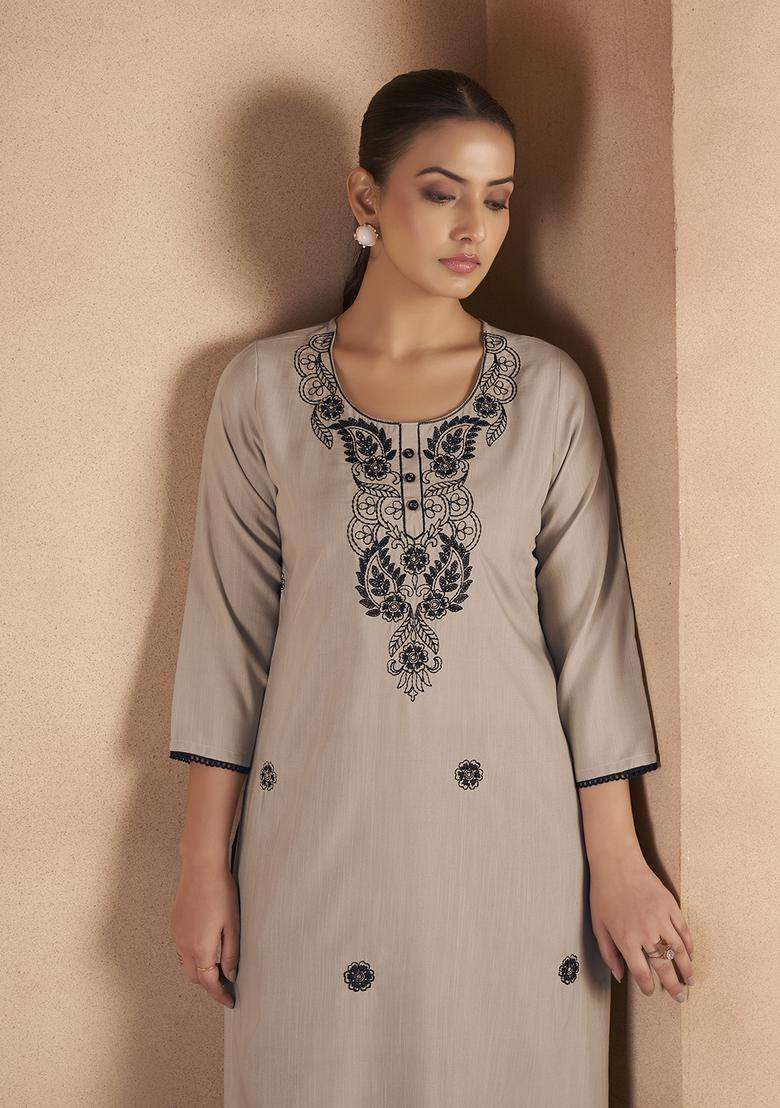 Light Brown Embroidery Cotton Kurta - Indya