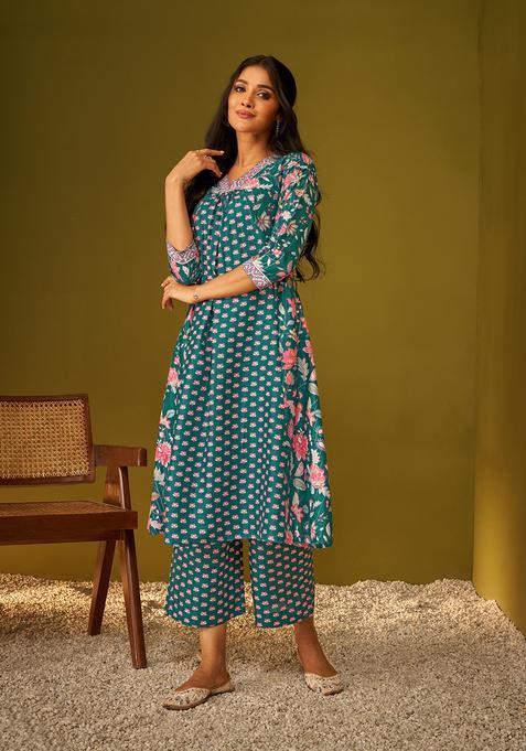 Teal Blue Floral Print Poly Muslin Kurta