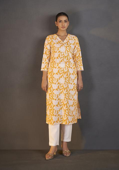 Yellow Printed Cotton Kurta